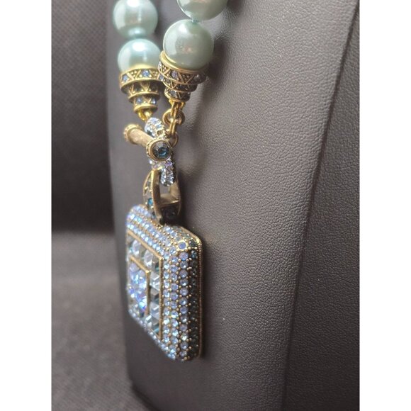 Heidi Daus Pearl Necklace Rhinestone Square Pendant Pale Aqua Blue - Picture 7 of 12